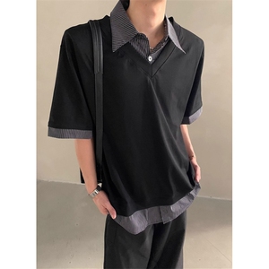 夏季小众高级感假两件设计短袖T恤男翻领痞帅POLO衫潮 T0015图片