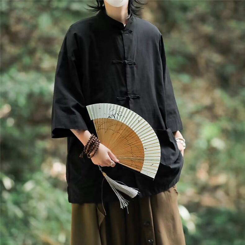 纯色七分袖衬衫新中式中山装男女风复古盘扣宽松中袖唐装衬衣,男装衬衫,星座601-2