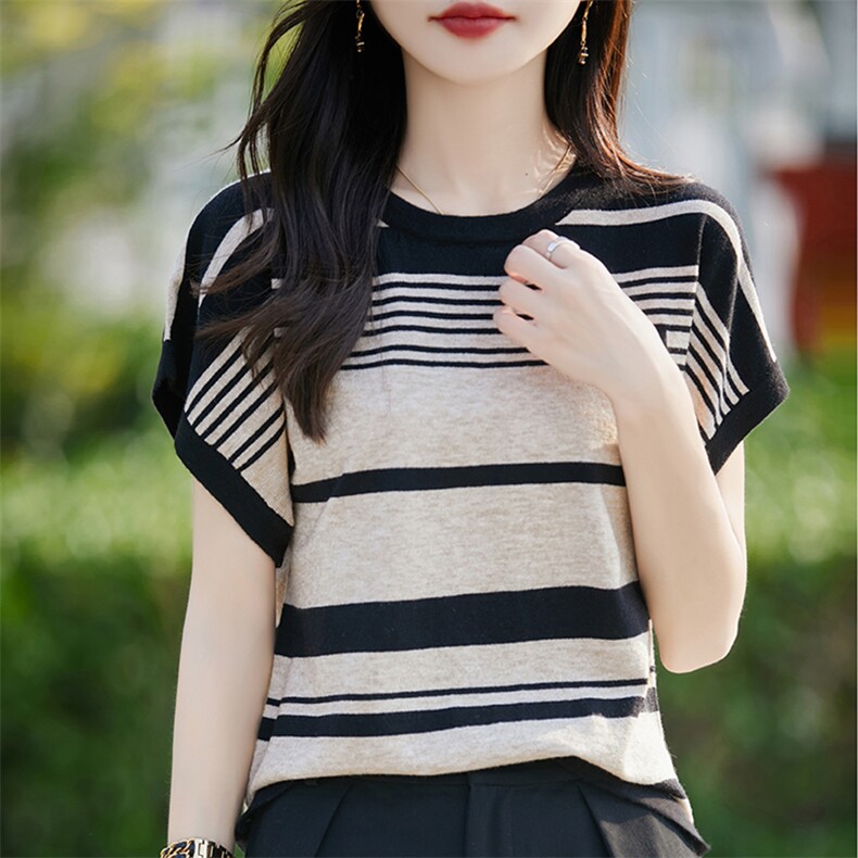 夏季精纺羊毛针织短袖T恤女圆领拼色条纹刺绣半袖上衣宽松打底衫,针织衫/毛衣,斯美雅安迪绒
