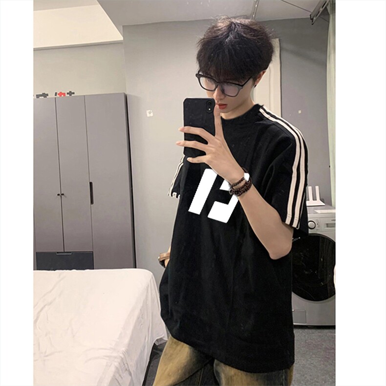 抖音得物高品质二开240克宽松纯棉美式潮牌三条杠织带短袖T恤，男装T恤，电商A486