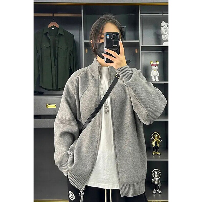 网图美式复古立领双拉链大码长袖针织开衫毛衣外套男MY126-特P53，男装针织衫/毛衣，电商A001