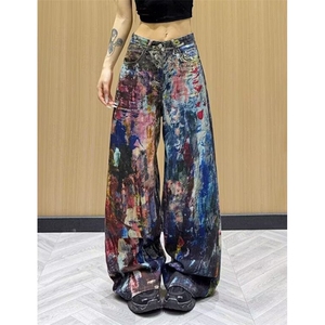 复古3D彩印泼墨牛仔裤女重工彩色油画宽松阔腿直筒裤子 NM609图片