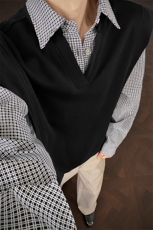 小众撞色面料拼接格子宽松卫衣高街假两件卫衣经典格子假两件P55，男装卫衣，电商B319