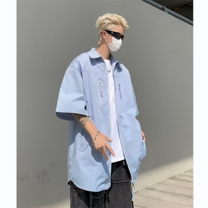 天蓝垫肩短袖衬衫设计感高级cleanfit街头风半袖衬衣男CY829-P38图片