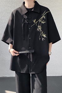 新中式短袖衬衫大码8XL-M风竹子刺绣冰丝唐装盘扣衬衣DC5007P48图片