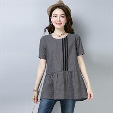 T恤2025年韩风时尚夏季短袖休闲拼接细格子韩版时尚舒适简约，女装T恤，风姿绰