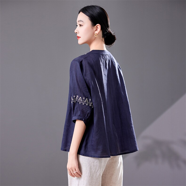 2025天丝苎麻文艺复古刺绣夏季新款立领衬衫宽松绣花妈妈小衫上衣，女装衬衫，靓衣阁