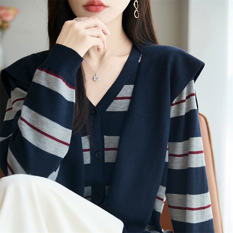 2025年秋季时尚百搭通勤简约休闲披肩开衫条纹，女装针织衫/毛衣，恒旺羊绒