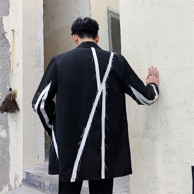 暗黑系简黑白男毛边拼接西装西服复古韩风外套A452--1950,男装西服,电商A452