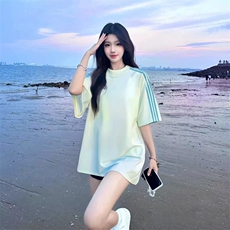 抖音得物品质二开240克宽松纯棉美式潮牌印花三条杠中性风短袖T恤，男装T恤，电商A486