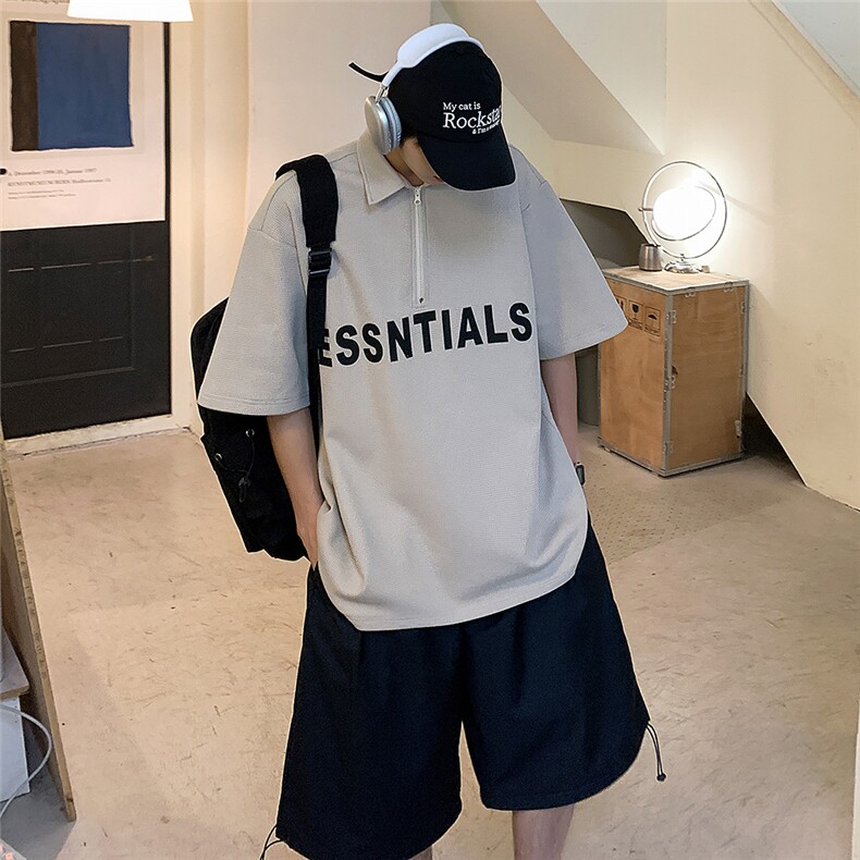 春夏新款华夫格高街字母印花拉链polo衫短袖XZ604-PL101-P45控58,男装T恤,星座604
