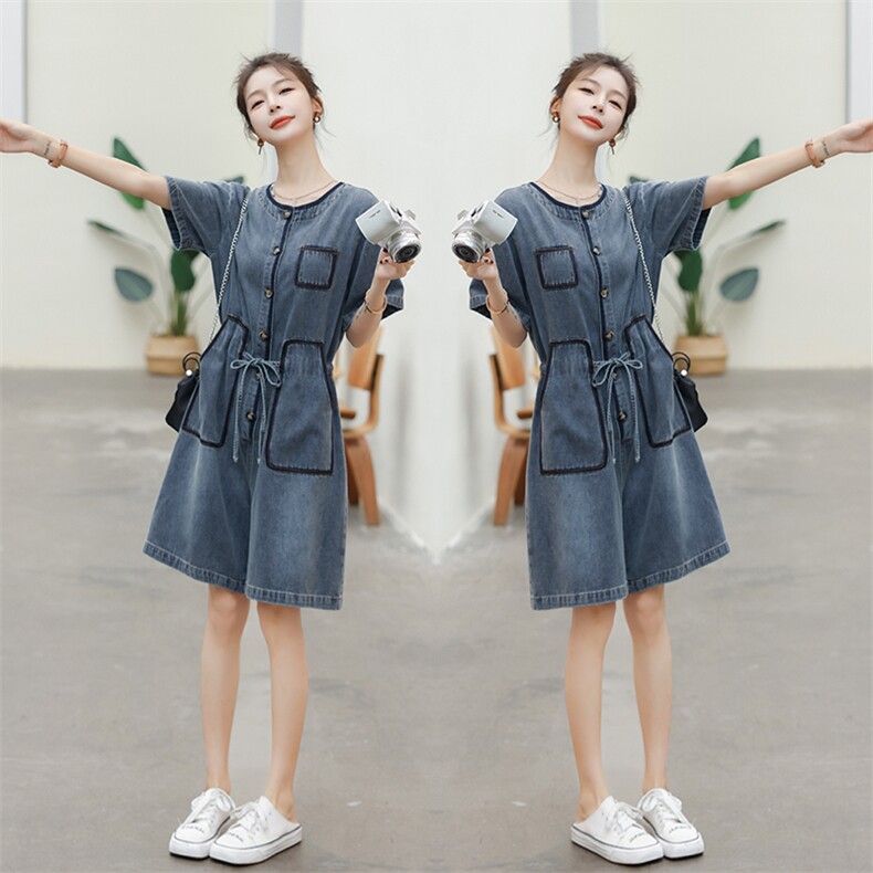 时尚显瘦牛仔连体裤女夏季新款宽松高腰短袖休闲裤百搭学生装,女装连体裤,秋水欣儿