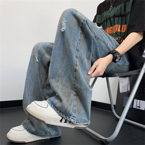 牛仔裤男款潮牌美式高街vibe夏季阔腿直筒裤子男N360-P48图片