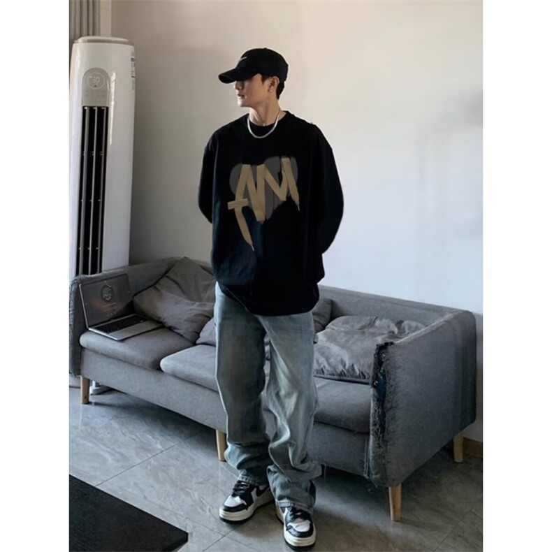 350g潮牌圆领宽松情侣长袖打底衫上衣服束口T恤卫衣Y65-P38网图,男装T恤,电商B245