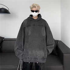 JK8605-P56蓝色美式复古拼接水洗做旧牛仔连帽卫衣，男装卫衣，电商B323A