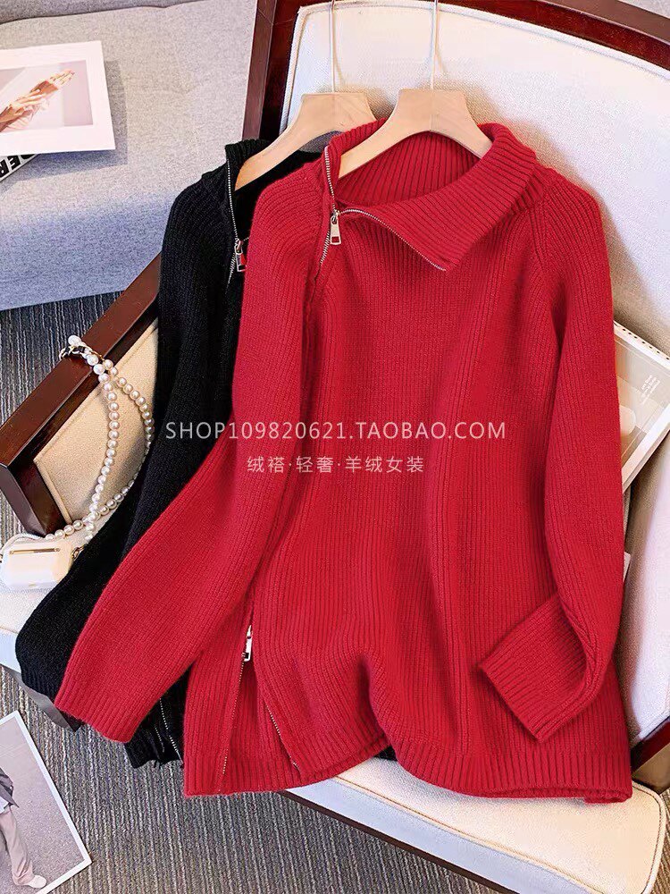 35%羊绒女高领宽松中长款拉链毛衣针织衫,女装羊绒衫,以美红杉羊绒