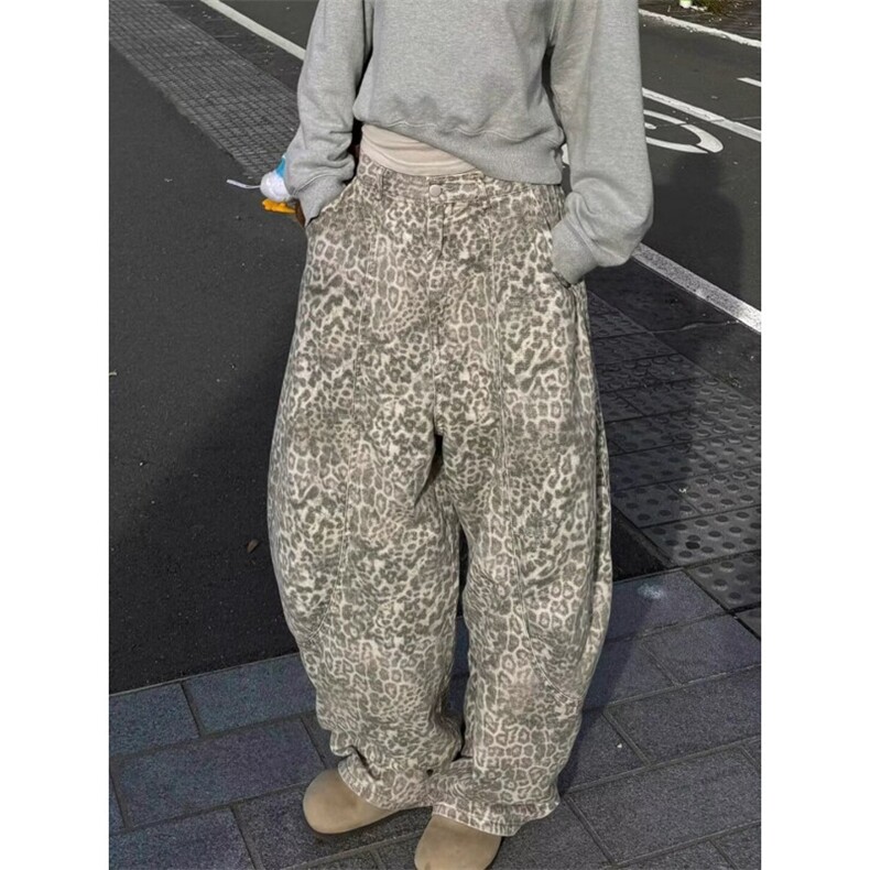 美式辣妹复古豹纹印花低腰牛仔裤女2025春款设计感宽松阔腿长裤潮,男装牛仔裤,星座506A
