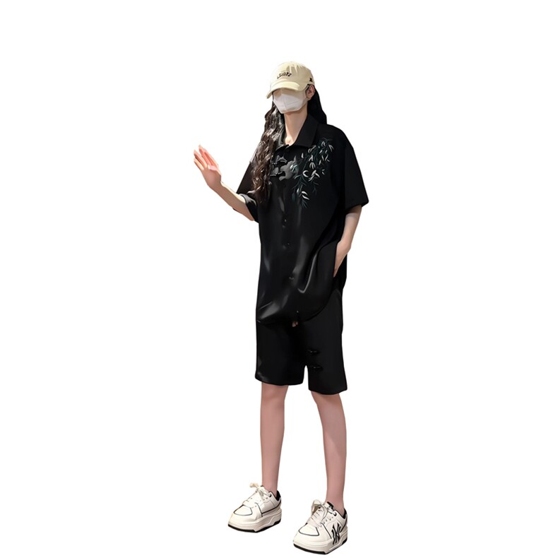 量大优供视频新风刺绣花冰丝短裤短袖套装衬衫男CP55-特p61,男装衬衫,电商B371