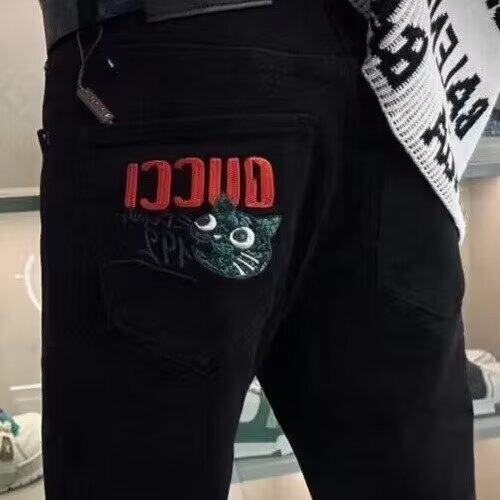 春秋新款刺绣猫头牛仔裤男网红同款潮流百搭修身弹力小脚直筒长裤,男装休闲裤,星座506A