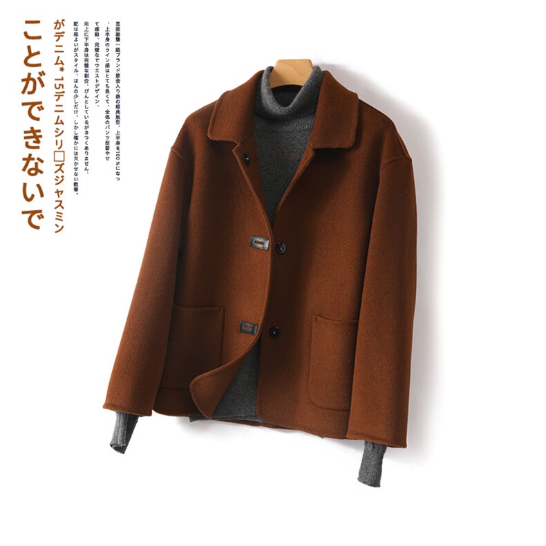 春秋新款减龄纯色宽松小翻领毛呢双面呢大衣女气质外套，女装双面呢大衣，佳恩服饰