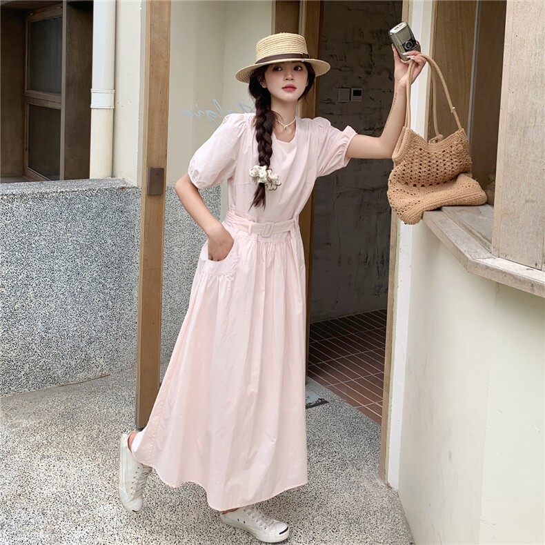 法式茶歇粉色泡泡袖连衣裙女夏新款甜美气质韩系温柔风收腰长裙,女装连衣裙,2C120