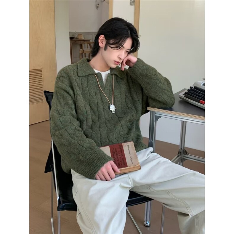 秋冬设计感假两件翻领针织衫拼接麻花美式V领毛衣男MYM30,男装针织衫/毛衣,星座516A