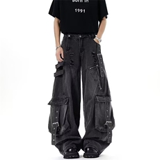 B179-P72牛仔工装裤女款2025新款设计感废土风低腰不对称飘带，男装T恤，电商B323A