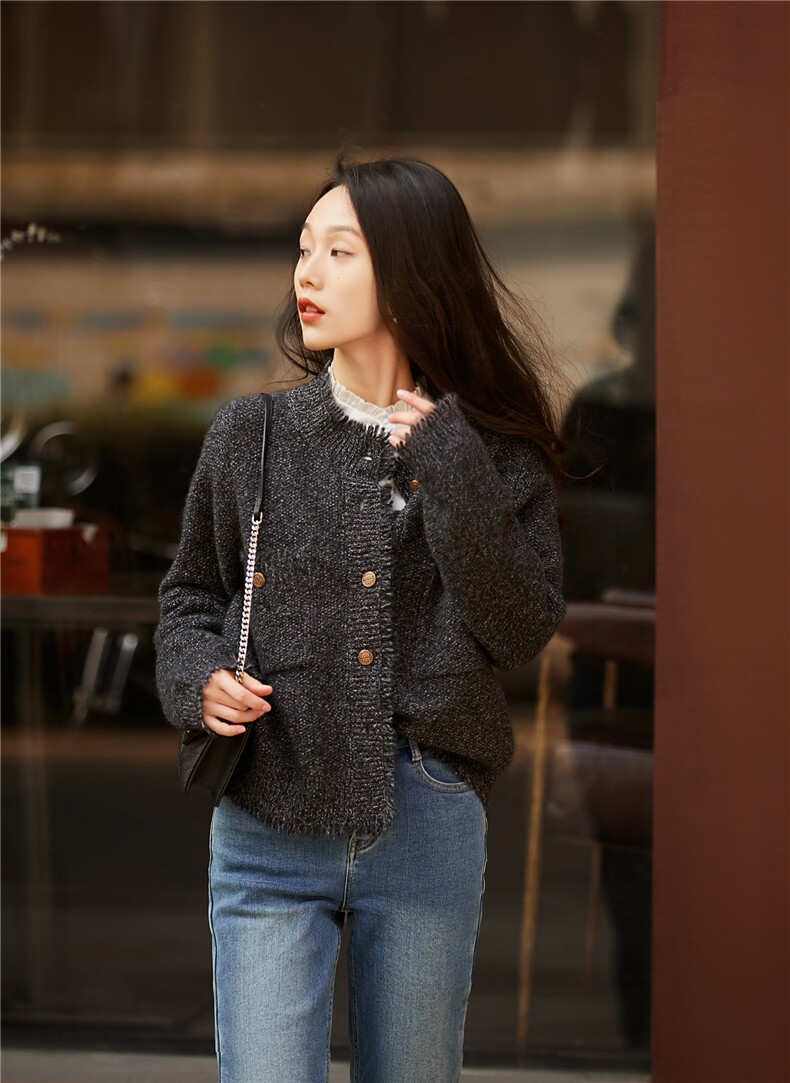 秋冬新款女圆领外搭纯色韩版毛衣外套显瘦羊绒开衫,女装羊绒衫,澳霖羊绒