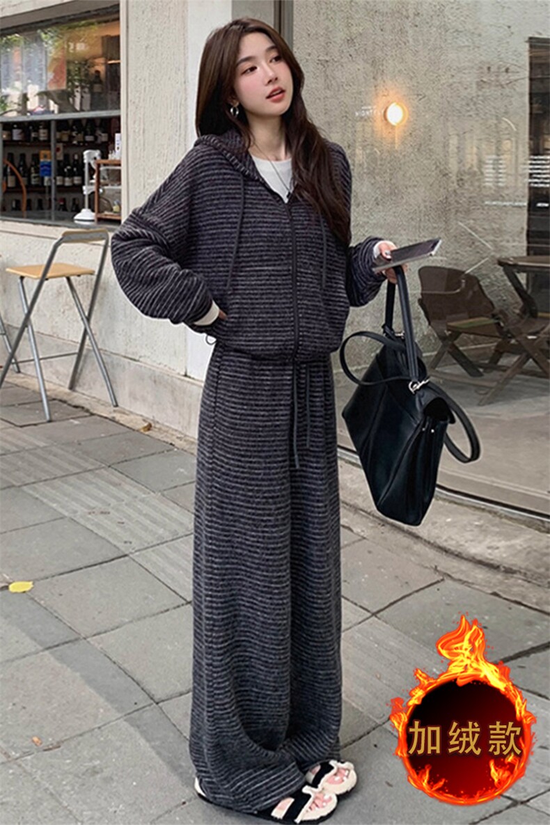 秋冬新款宽松显瘦加绒条纹两件套连衣裙,女装套装/套裙,江南