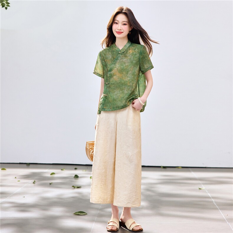 长期现货2026夏装新款时尚两件套装女提花新中式衬衫T阔腿腿裤女，女装套装/套裙，璐依舞