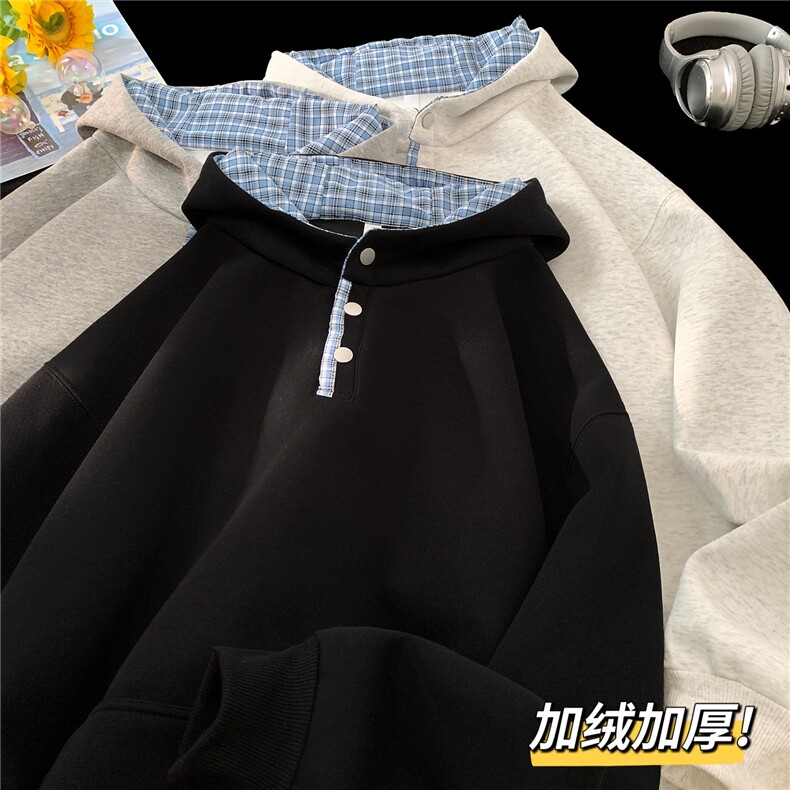 D309B-CC31-P55加绒加厚内里格子纽扣连帽卫衣常规P55加绒60,男装卫衣,电商D309B