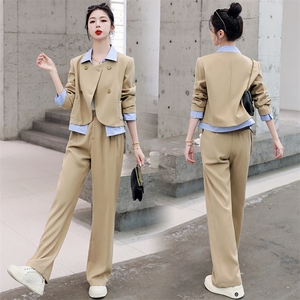 假两件西装外套女2023春新款时尚撞色设计感轻熟风西装外套阔腿裤图片