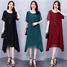 现货大码胖mm连衣裙夏中长款显瘦遮肚200斤中年妈妈真丝雪纺裙潮，女装连衣裙，深妍伊美