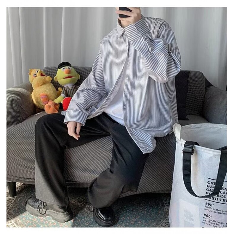 GS013P40纯色长袖条纹衬衫潮男百搭日系韩版宽松春秋衬衣外套,男装衬衫,星座1108-5