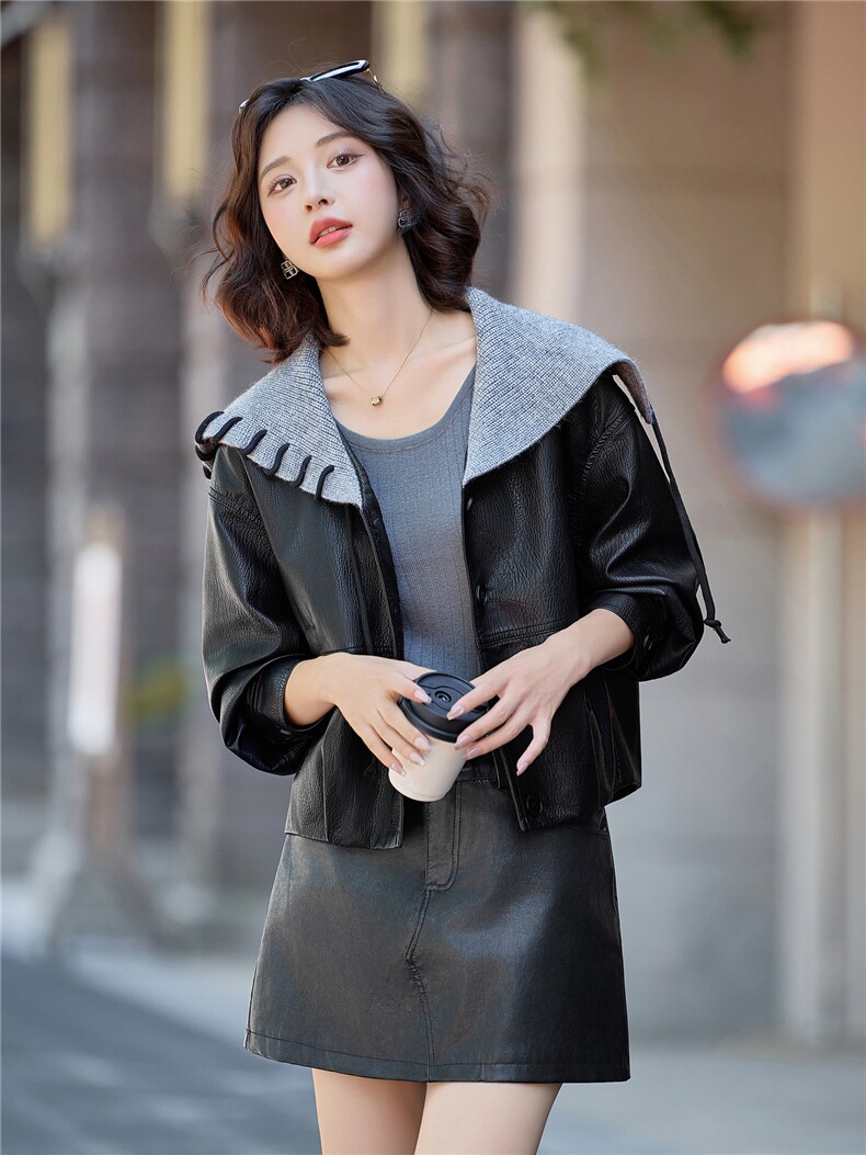 2025秋季女装新款大量现货时尚韩版毛线领短款皮衣外套,女装皮衣,缘衣格