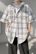 现货T10118-特批42控78活力格子衬衫男女宽松T恤短袖连帽开衫，男装T恤，电商A059