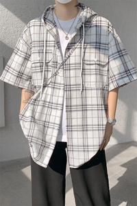 现货 T10118-特批42 控78 活力格子衬衫男女宽松T恤短袖连帽开衫图片