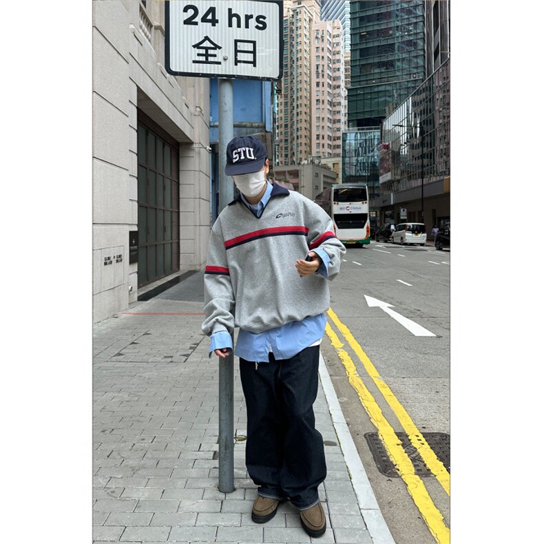 网图美式复古秋新款半开领polo领灰色卫衣男女宽松高街特批48,男装卫衣,电商C306-1