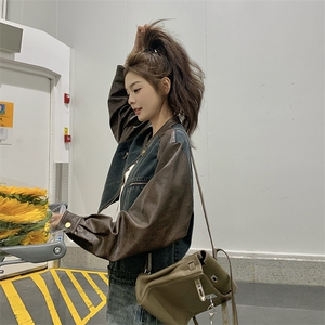 美式复古牛仔拼接皮衣外套女2025年春季新款今年流行小个子短外套图片