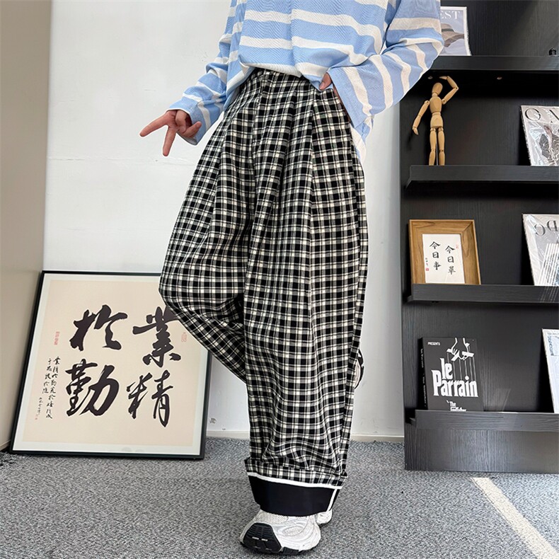 CK03/P78控108秋季中性风阔腿条纹格子慵懒休闲裤男女可穿黑首,男装休闲裤,星座305B-1