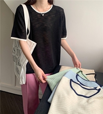 夏季新款简约百搭短袖针织衫女宽松休闲上衣，女装针织衫/毛衣，伟祺羊绒