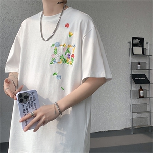 潮牌短袖T恤花绘刺绣设计感T恤美式复古条纹口袋短袖T恤半袖 P48图片