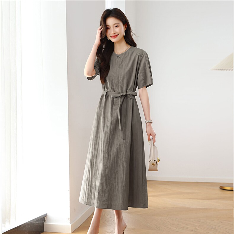 时尚休闲圆领纯棉连衣裙女2025夏季新款系带收腰显瘦舒适棉布长裙，女装连衣裙，涵誉