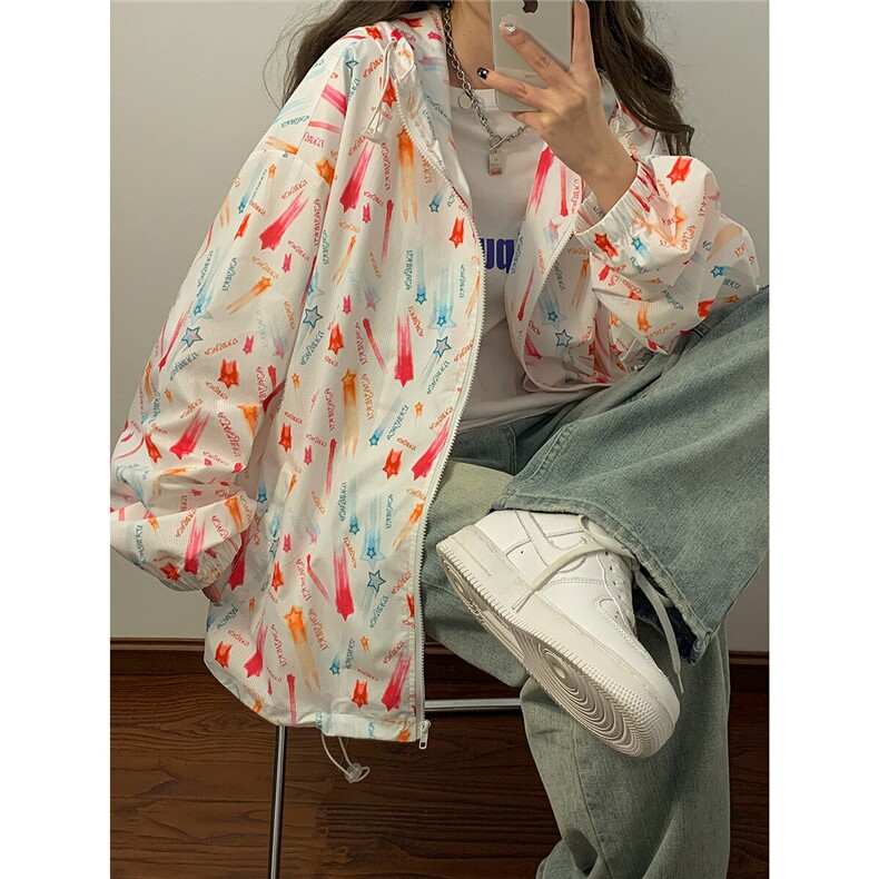 2025夏季新款碎花连帽宽松情侣防晒衣F168/P69，女装防晒衣，星座202-3