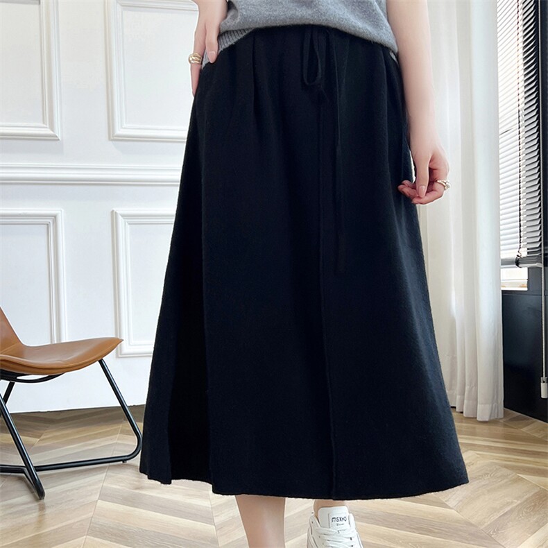 羊毛半身裙新款女秋冬中长款高腰显瘦裙针织百搭系带裙，女装半身裙，朝辰羊绒