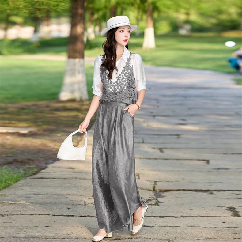 时尚洋气蕾丝拼接套装女2026夏季新款宽松遮肉显瘦阔腿裤两件套,女装套装/套裙,魅影