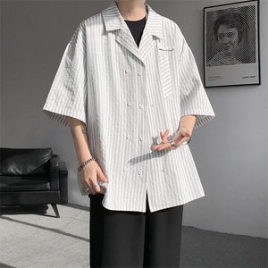 春夏英伦学院风青春男大竖条纹短袖衬衫翻领外套 口袋设计短袖P40图片