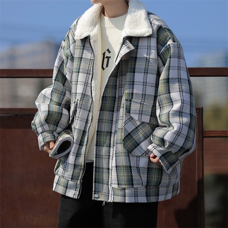 美式复古小香风格子棉衣2024冬季新款羊羔毛棉服男外套 W7964-P85图片