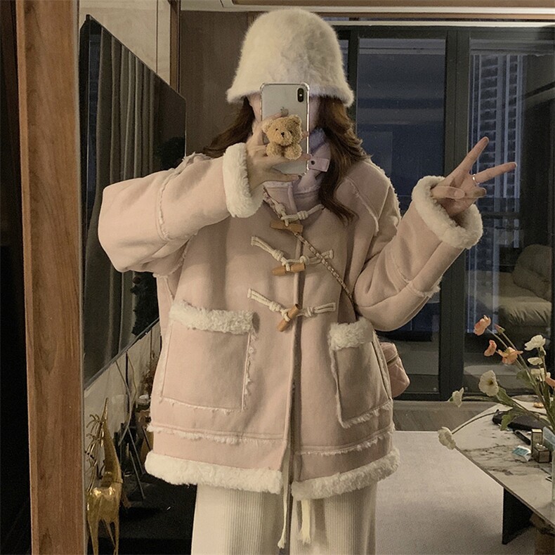 新款麂皮绒连帽羊角扣皮毛一体羊羔毛棉服女C571-125,男装棉衣,星座911-2(原星座613-2）
