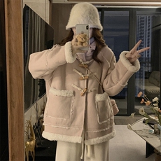 新款麂皮绒连帽羊角扣皮毛一体羊羔毛棉服女C571-125，男装棉衣，星座911-2(原星座613-2）